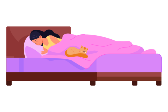 Cozy Home Bed with Sleeping Woman and Cute Cat