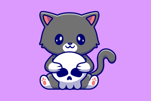 Cute Cat Holding Skull Bone Cartoon Review